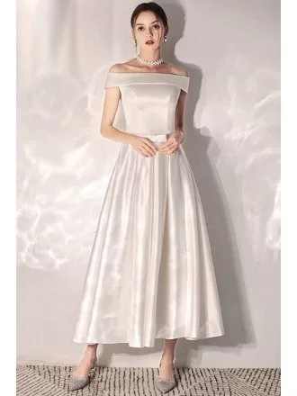 Vintage Chic Tea Length Satin Wedding Dress With Off Shoulder