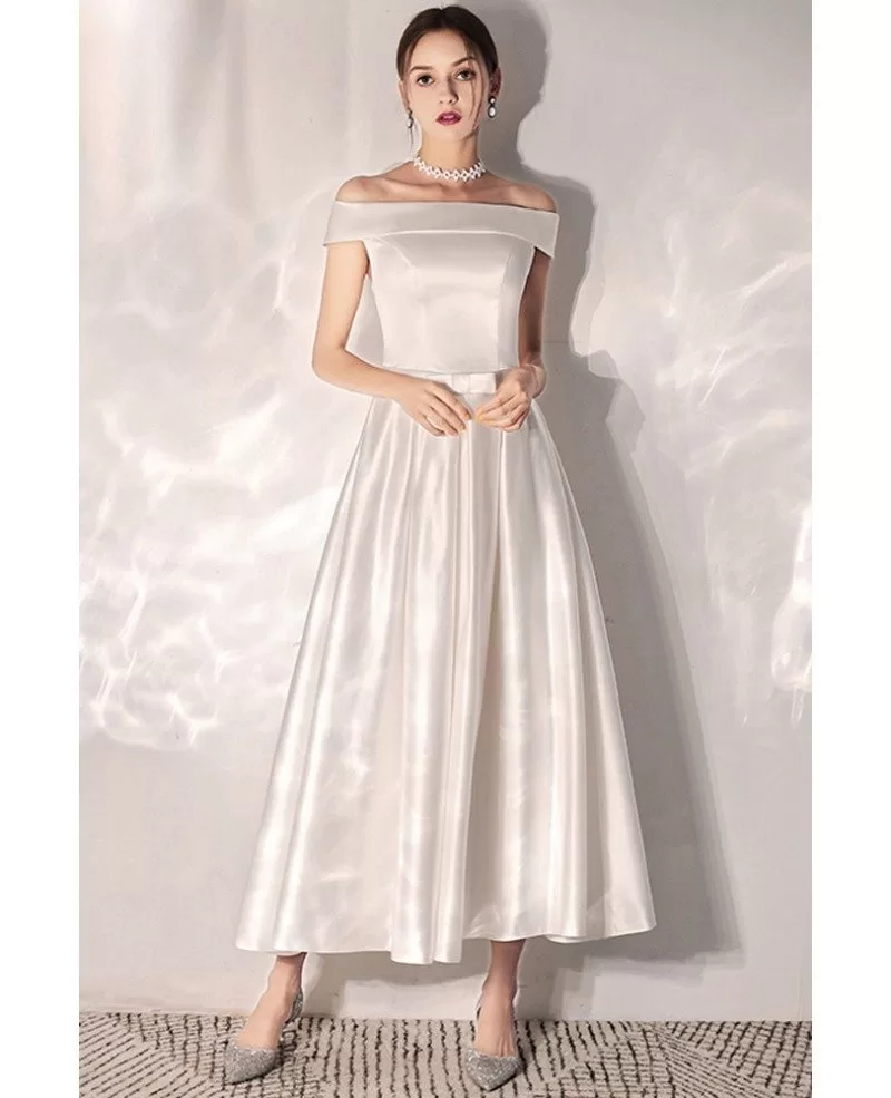 Vintage Chic Tea Length Satin Wedding Dress With Off Shoulder #YS626