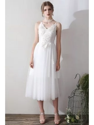 Retro Lace Open Back Tea Length Wedding Dress V-neck