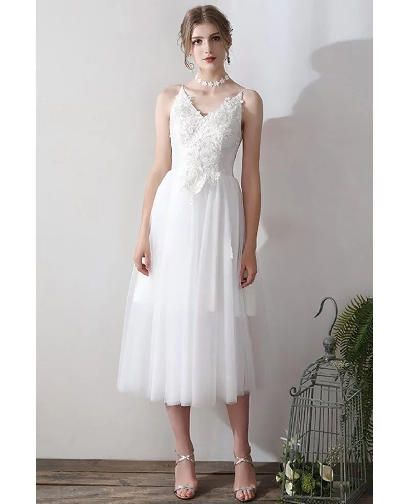 v neck tea length wedding dress