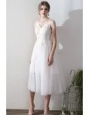Retro Lace Open Back Tea Length Wedding Dress V-neck
