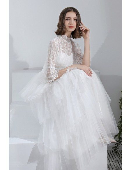 Vintage Lace High Neck Wedding Dress Floor Length With Sleeves
