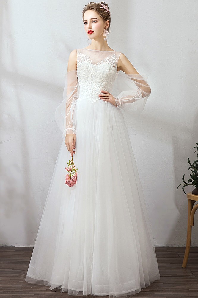Flowy Long Tulle Simple Wedding Dress With Fairy Tulle Sleeves #YS629 ...