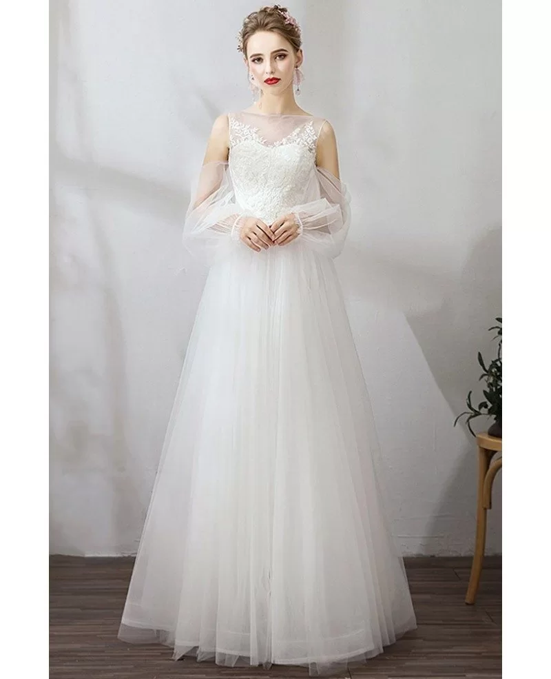Flowy Long Tulle Simple Wedding Dress With Fairy Tulle Sleeves #YS629 ...
