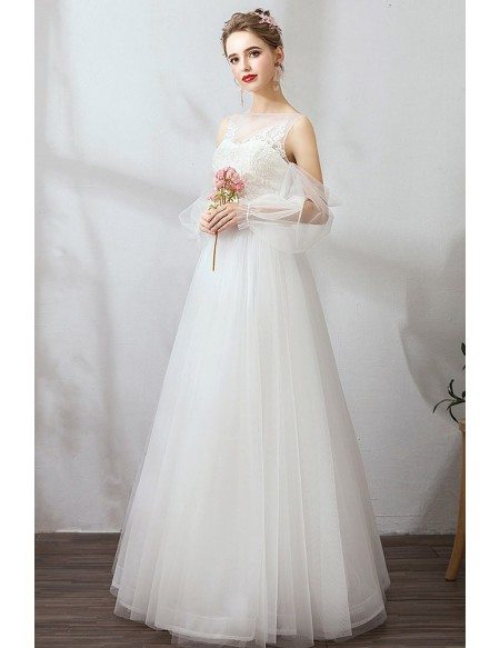 Flowy Long Tulle Simple Wedding Dress With Fairy Tulle Sleeves