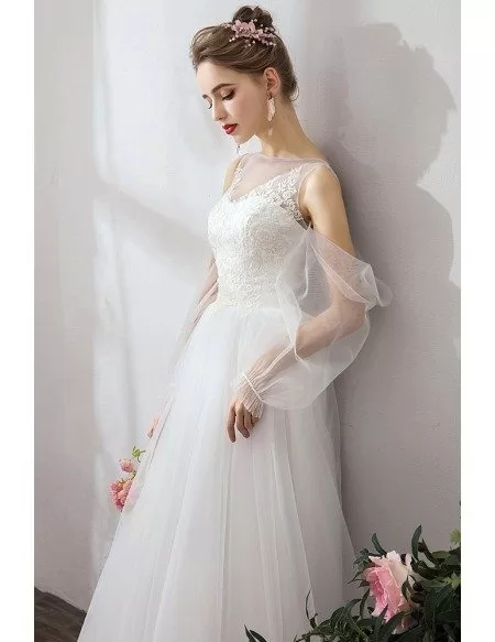 Flowy Long Tulle Simple Wedding Dress With Fairy Tulle Sleeves