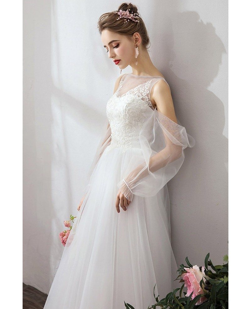 Flowy Long Tulle Simple Wedding Dress With Fairy Tulle Sleeves YS629 GemGrace