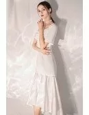 Retro Chic Simple Satin Wedding Reception Dress Tea Length With Sleeves