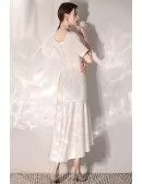 Retro Chic Simple Satin Wedding Reception Dress Tea Length With Sleeves