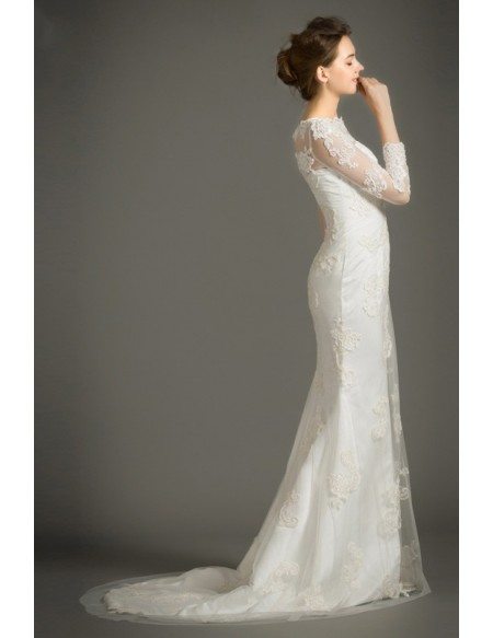 Stylish Sheath Scoop Neck Sweep Train Tulle Satin Wedding Dress With Appliques Lace