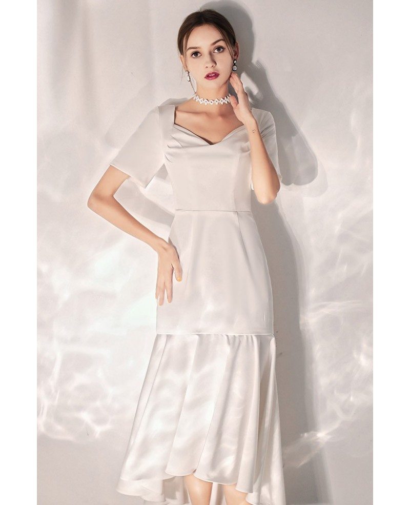 Retro Chic Simple Satin Wedding Reception Dress Tea Length With Sleeves ...