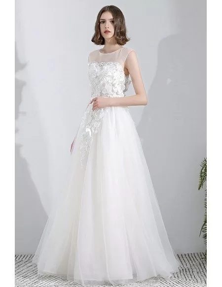 Fairy Flowers Lace Long Tulle Wedding Dress Sleeveless With Illusion Neckline