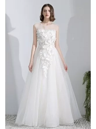 Fairy Flowers Lace Long Tulle Wedding Dress Sleeveless With Illusion Neckline