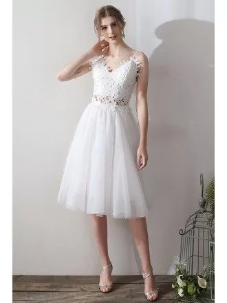 Cute Two Pieces Lace V-neck Wedding Dress Short Tulle With Straps