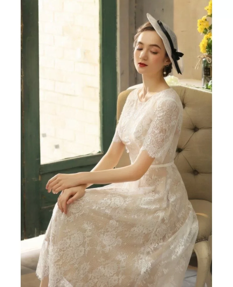 Vintage Champagne Lace Tea Length Wedding Dress With Sleeves YS633 GemGrace