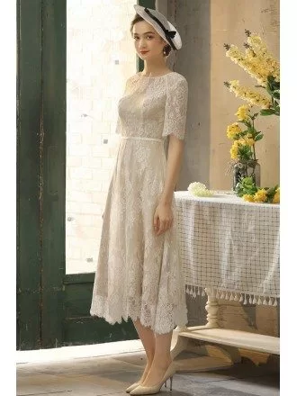 Vintage Champagne Lace Tea Length Wedding Dress With Sleeves