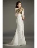 Stylish Sheath Scoop Neck Sweep Train Tulle Satin Wedding Dress With Appliques Lace