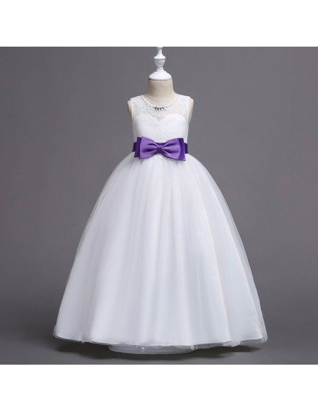 Beautiful Ivory Long Flower Girl Dress with Color Bow Sash