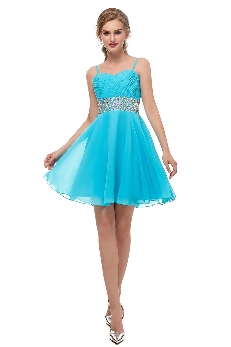 Spaghetti Strap Chiffon Blue Bridesmaid Dress With Beading Waist #E019 ...