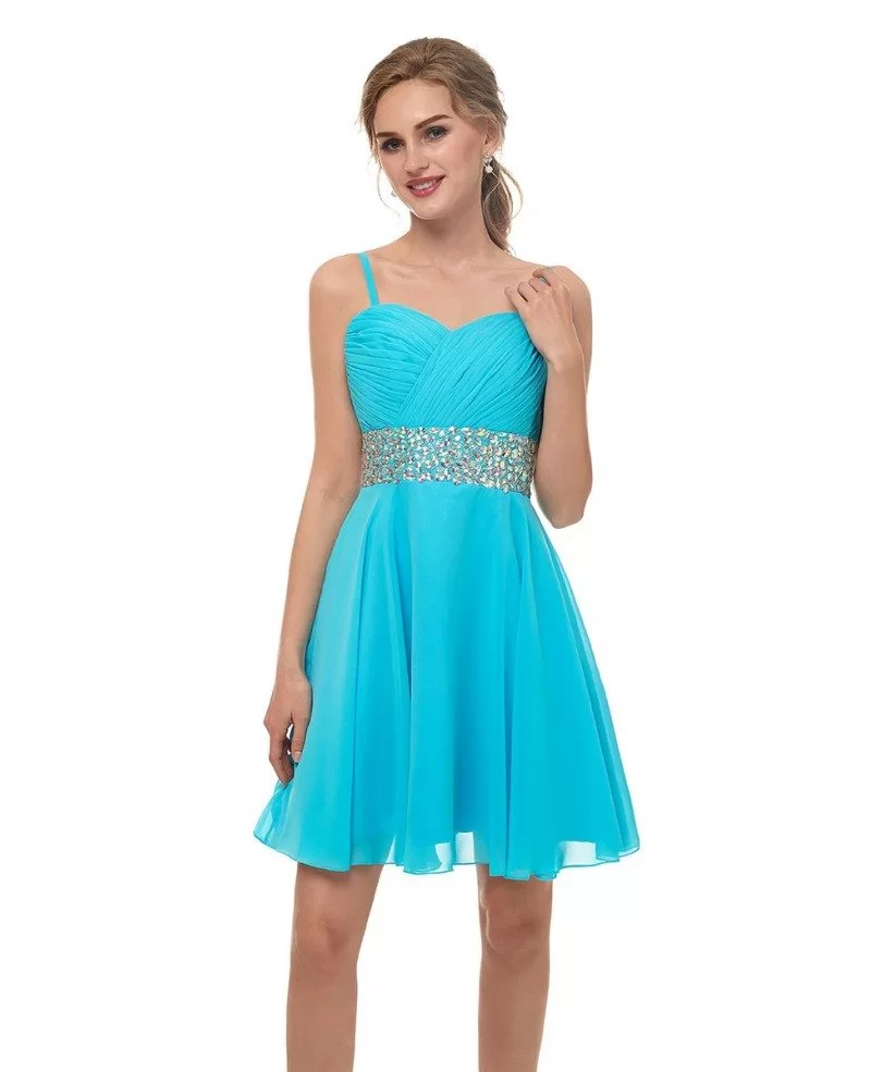 Spaghetti Strap Chiffon Blue Bridesmaid Dress With Beading Waist #E019 ...