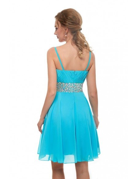 Spaghetti Strap Chiffon Blue Bridesmaid Dress With Beading Waist #E019 ...