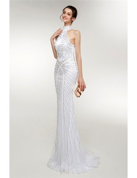 Retro Sparkly Halter Neck Long White Prom Dress Mermaid Style
