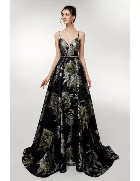 black floral evening dress