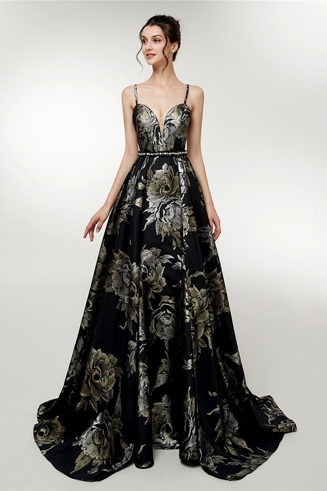 Beautiful Floral Printed Black Evening Gown With Spaghetti Straps #D007 ...