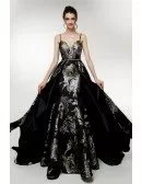Beautiful Floral Printed Black Evening Gown With Spaghetti Straps