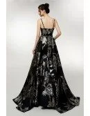Beautiful Floral Printed Black Evening Gown With Spaghetti Straps