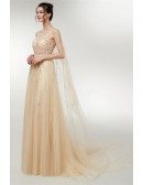 Elegant Champagne Tulle Sleeveless Prom Dress With Sparkly Sequin