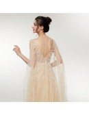 Elegant Champagne Tulle Sleeveless Prom Dress With Sparkly Sequin