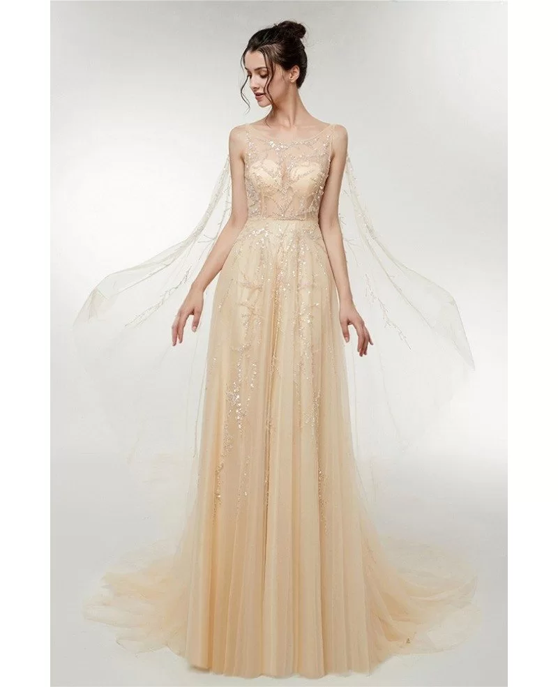 Elegant Champagne Tulle Sleeveless Prom Dress With Sparkly Sequin #D009 ...