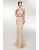 Special Beading Sexy Curve Champagne Formal Dress With Long Sleeves
