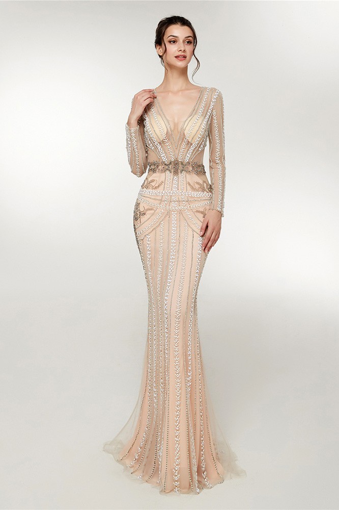 knee length dresses for ladies Champagne Beaded Prom Dresses Long Sleeve Mother of The Bride Dresses 22103 Champagne / US2