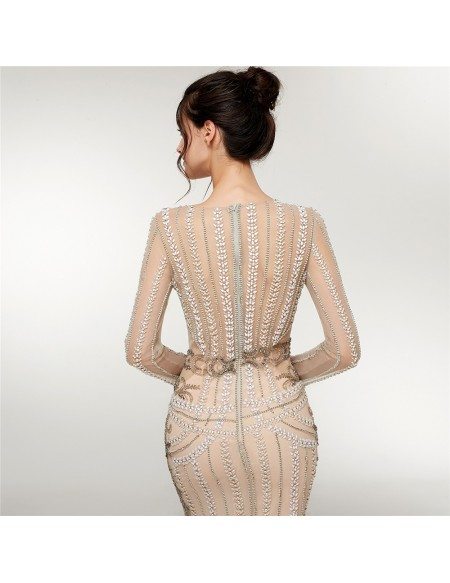 Special Beading Sexy Curve Champagne Formal Dress With Long Sleeves