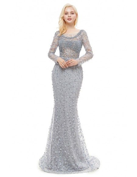 Beautiful Memaid Lace Beaded Long Sleeved Prom Dress With Open Back