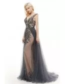 A Line Long Grey Tulle Prom Dress With Beading