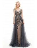 A Line Long Grey Tulle Prom Dress With Beading