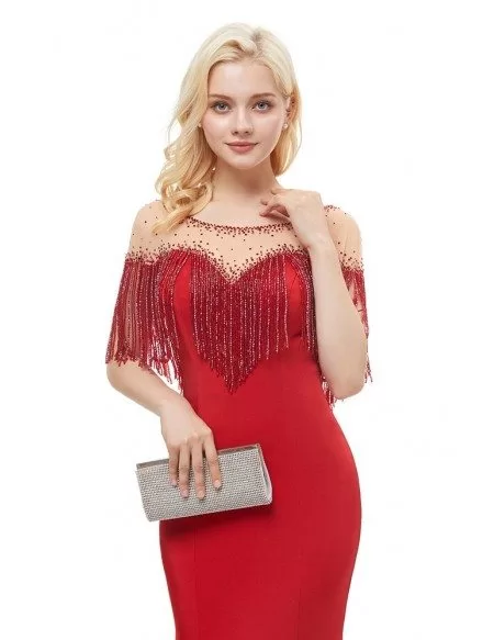 Sexy Mermaid Red Tight Prom Dress With Beading Tassels