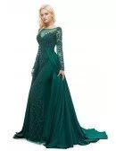Modest Long Sleeves Dark Green Formal Dress Gown 2019 With Beading