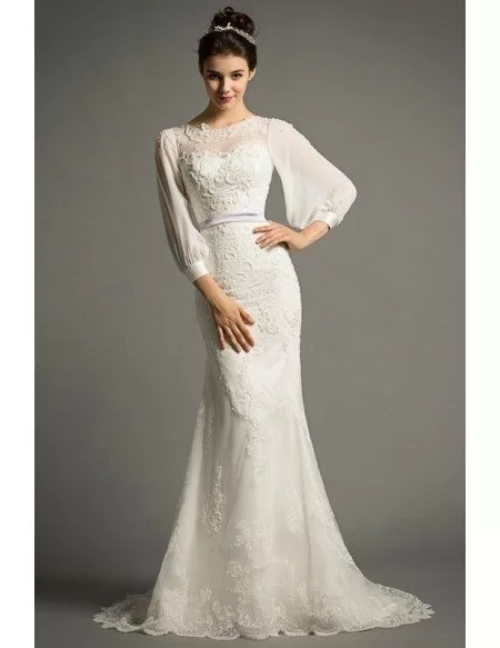 Elegant Mermaid Scoop Neck Sweep Train Tulle Wedding Dress With Appliques Lace