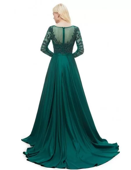 Modest Long Sleeves Dark Green Formal Dress Gown 2019 With Beading