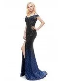 Sparkly Black Blue Off Shoulder Mermaid Prom Dress With Split Front