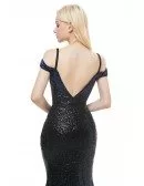 Sparkly Black Blue Off Shoulder Mermaid Prom Dress With Split Front