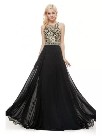 A Line Black Long Formal Evening Dress With Gold Bodice