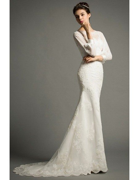 Elegant Mermaid Scoop Neck Sweep Train Tulle Wedding Dress With Appliques Lace