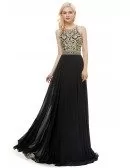 A Line Black Long Formal Evening Dress With Gold Bodice