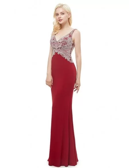 Long Mermaid Tight Red Beading Party Dress With Sweetheart Neck