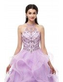 Special Ruffled Beading Ballroom Lilac Quinceanera Dress With Halter Neck